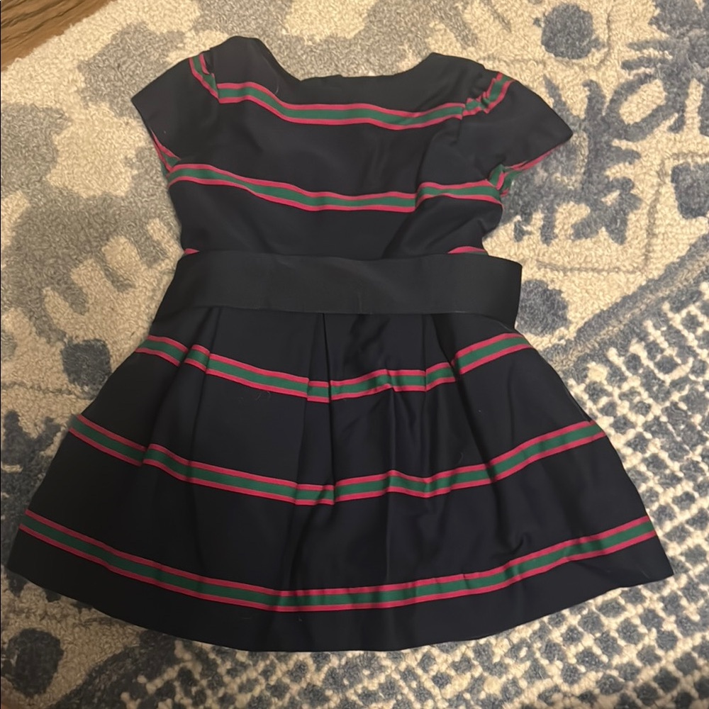 Ralph Lauren Navy, Pink, and Green Striped Kids Dress with navy sash
